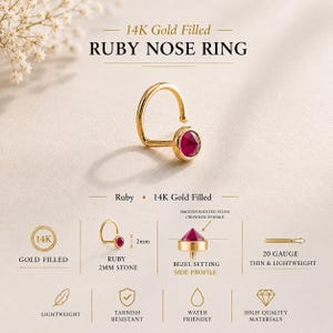 May include: A 14K gold filled nose ring featuring a 2mm ruby stone in a bezel setting. The jewelry is 20 gauge, thin, and lightweight. The design includes a smooth pointed stone crowned upward, and the product is labeled as tarnish resistant.