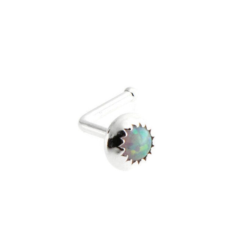 SS-L-20GA-WOPAL Nose ring Cartilage Silver Nose Ring L piercing 20ga Nose Ring Nose L Shape Piercing Opal Stone Tragus Stud