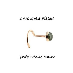Nose Screw Stud in 14K Yellow Gold Filled with 3mm Jade Stone Cartilage, 20 Gauge