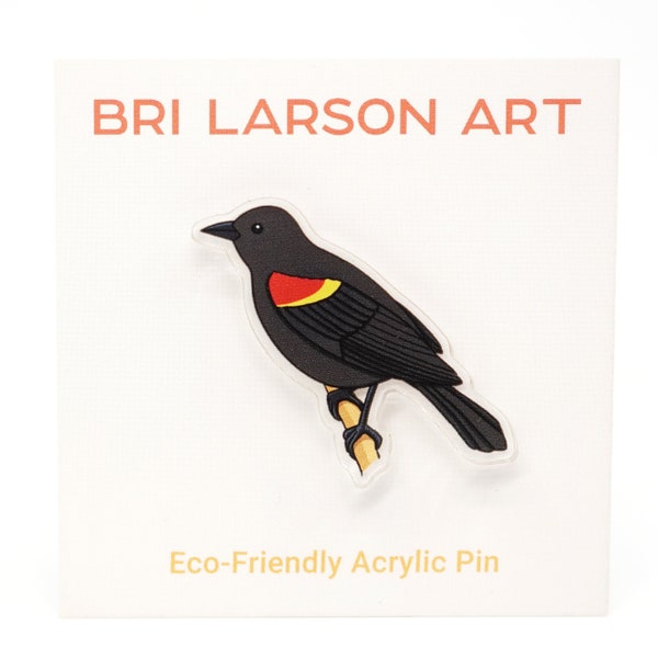 Red Winged Blackbird Bird Eco-Friendly Clear Acrylic Pin 1.25 inches with 100% recycled acrylic