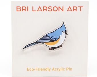 Tufted Titmouse Eco-Friendly Clear Acrylic Pin, 1.25 inches, made from 100% recycled acrylic