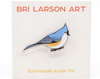 Tufted Titmouse Eco-Friendly Clear Acrylic Pin, 1.25 inches, made from 100% recycled acrylic