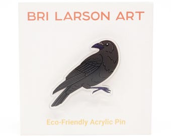 Crow Bird Eco-Friendly Clear Acrylic Pin, 1.25 inches, made from 100% recycled acrylic