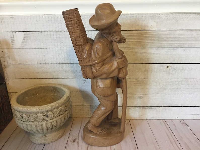 Vintage 14/'/' Hand Carved Wooden Pilgrim Man Sculpture WonderingTraveling Barefoot Man Figurine Folk Art Wooden Man