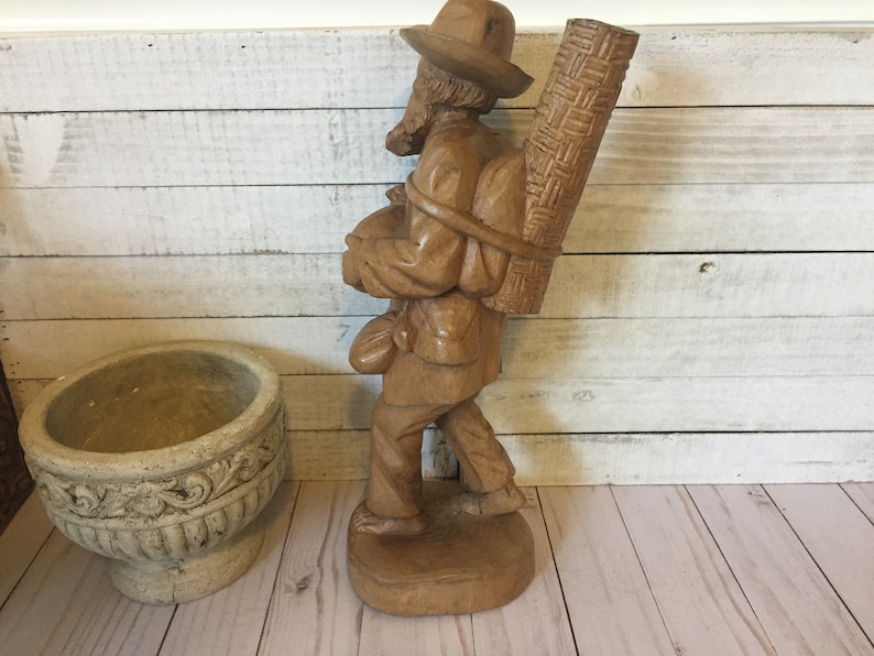 Vintage 14/'/' Hand Carved Wooden Pilgrim Man Sculpture WonderingTraveling Barefoot Man Figurine Folk Art Wooden Man