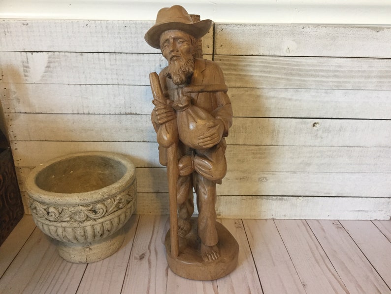 Vintage 14/'/' Hand Carved Wooden Pilgrim Man Sculpture WonderingTraveling Barefoot Man Figurine Folk Art Wooden Man