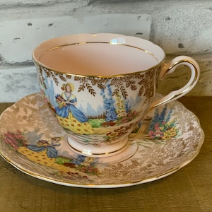 Vintage COLCLOUGH Bone China Tea Cup And Saucer Made In England, Pink & Gold Tea Cup Lady In The Garden