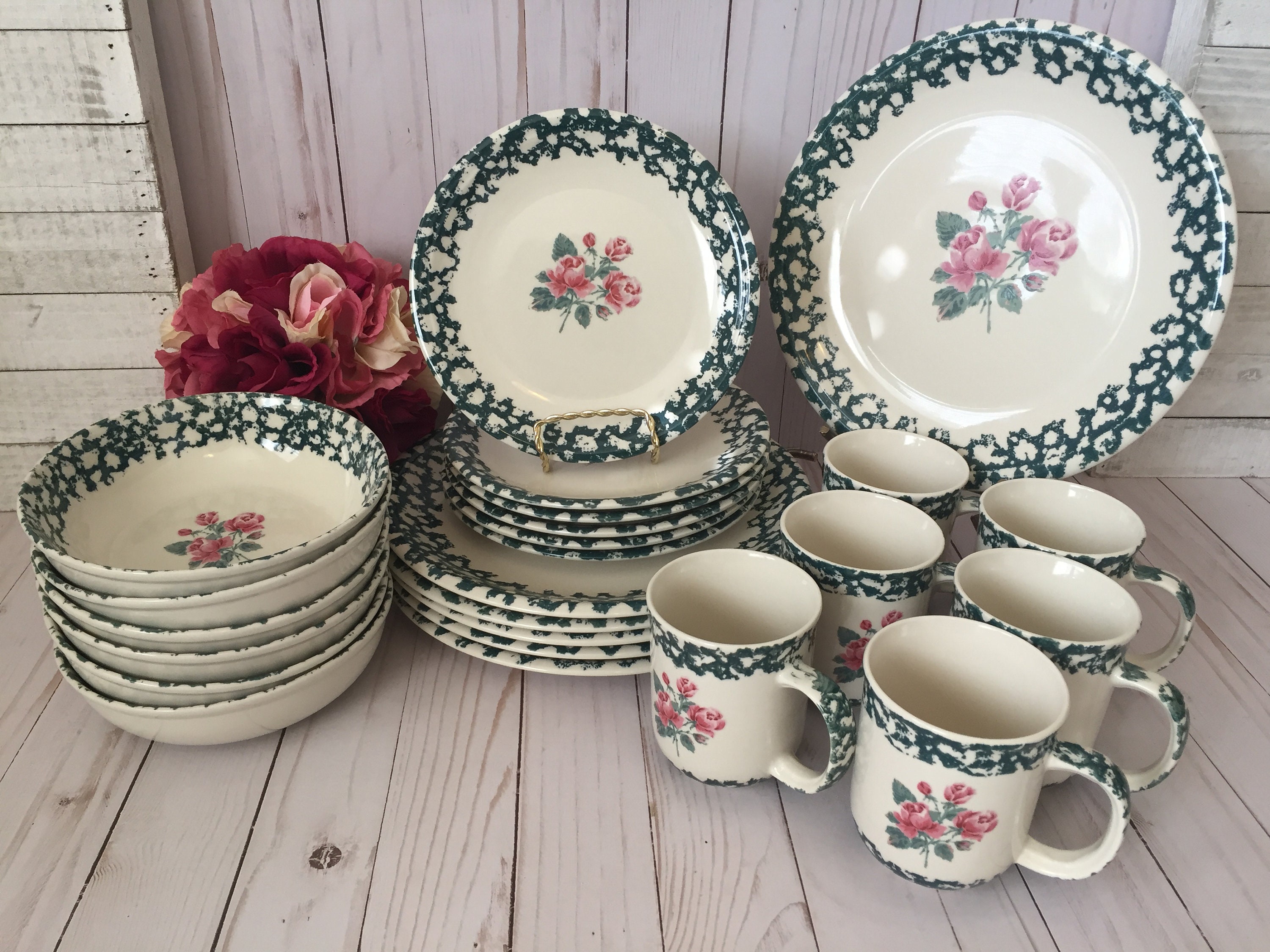 Folk Craft Sponge by Tienshan. Vintage Dinnerware Set. 24 Etsy