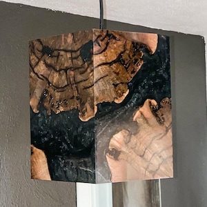 Hexagon Halo: Walnut Burl and Shimmering Resin Hardwired Pendant Light | Handcrafted in America