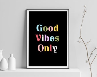 Tylko wydruk „Good Vibes”, sztuka ścienna w stylu retro, wydruk „Good Vibes”, znak „Good Vibes”, prezenty „Good Vibes”, wydruk „Pozytywny” – sztuka ścienna z lat 70., dekoracja ścienna do sypialni