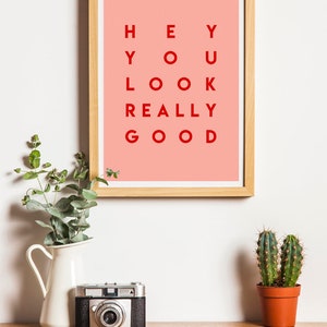 Pu&ograve; includere: Una stampa incorniciata con la scritta "HEY YOU LOOK REALLY GOOD" in lettere rosse su sfondo rosa. Una fotocamera vintage, un piccolo cactus in un vaso di terracotta e un vaso bianco con piante verdi sono su una superficie di legno.