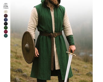 Medieval Viking Half Sleeveless Hooded Open Front Surcoat– 100% Cotton– 7 Colours – LARP, Reenactment, Warrior Garb. S to 6XL