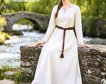 FILINA Medieval Viking Cotton Underdress, Long Sleeve Linen Look Renaissance LARP Dress