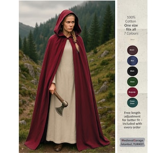 Medieval Viking Hooded Cloak UNISEX –100% Cotton –One Size Fits Most- 7 Colours – LARP, Reenactment, Renaissance Cape HULDA. Medievalgarage
