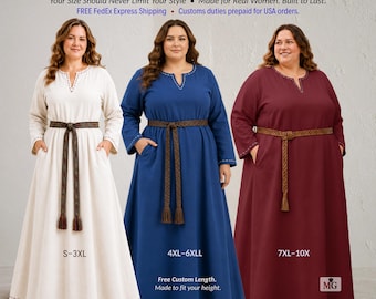 FLARA Cotton Canvas Plus Size Medieval Viking Dress, Underdress with Hidden Inseam Pockets, Renaissance  Fair Dress  Clothing S-10XL