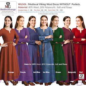 May include: A display of seven long-sleeved medieval Viking wool dresses in various colors: orange, purple, indigo blue, ice blue, green, burgundy, and red. Each dress has a brown belt. The text on the image says "WILMA: Medieval Viking Wool Dress WITHOUT Pockets."