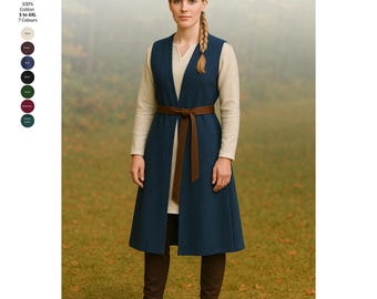 Medieval Viking Sleeveless Open Front Surcoat– 100% Cotton  – S to 6XL – 7 Colours – LARP, Reenactment, Women Warrior Garb. S to 6XL