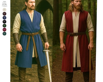 Medieval Viking Sleeveless  and hoddless Surcoat –Open Front-100% Cotton Canvas –S to 6XL–7 Colours – LARP, Reenactment, Fantasy Armor Layer