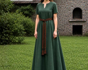 SELINA Medieval Viking Cotton Underdress, Linen-Look Short Sleeve Renaissance LARP Dress