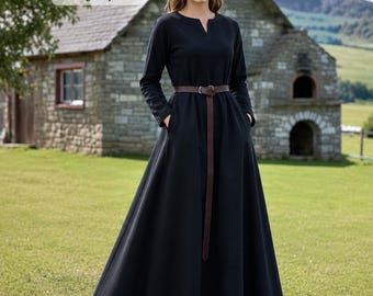 FLARA Medieval Viking Cotton Underdress, Linen-Look Canvas Dress, Long Sleeve, Pockets