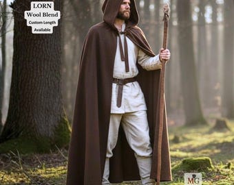 LORN Medieval Viking Hooded Wool Blend Cloak, Custom Length Available