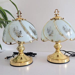 May include: Two vintage table lamps with a gold-coloured base and a light blue glass shade. The shade features a floral design and gold trim. Each lamp has a black power cord. A potted plant is in the background.
