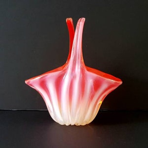 Vintage Opalescent Art Glass Basket Vase Red Yellow Gradient