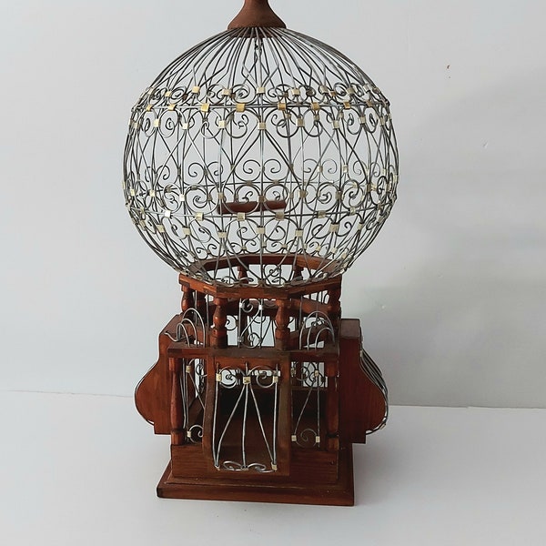 Cage à oiseau marocaine vintage en bois et métal