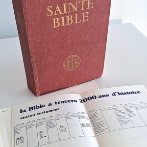 Könnte beinhalten: Eine rote Bibel mit goldener Schrift, betitelt "LA SAINTE BIBLE". Eine offene Seite zeigt eine Zeitleiste der biblischen Geschichte mit Illustrationen und Text auf Französisch. Das Buch liegt auf einer weißen Oberfläche.