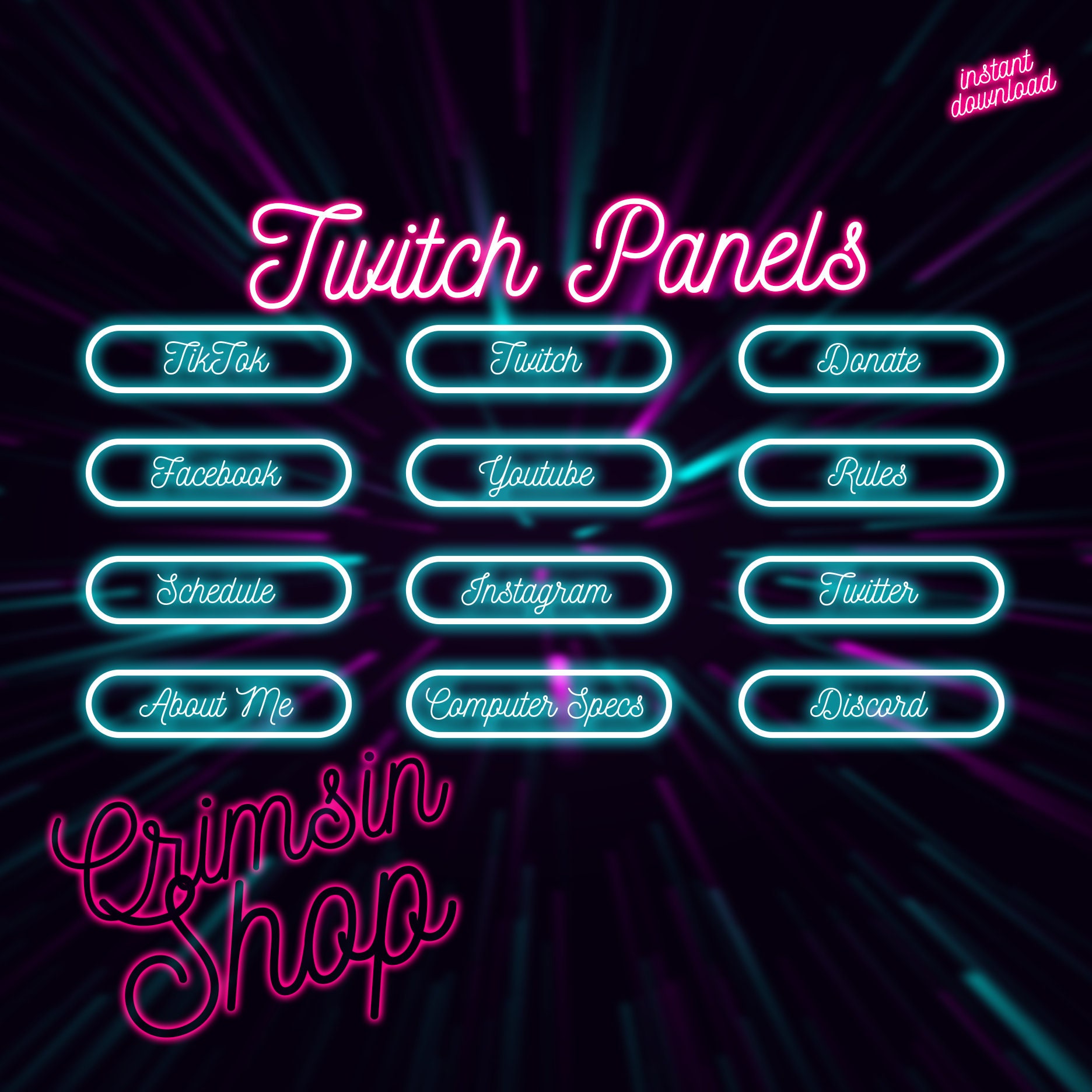 Cute Twitch Panels 13 Neon Blue Minimalistic Panels for Twitch