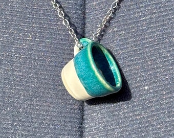 Tiny Ceramic Mug Necklace, Handmade Pottery, Teal & White
