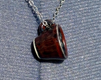 Tiny Ceramic Mug Necklace, Maroon Coffee Cup, 22" Stainless Steel Chain