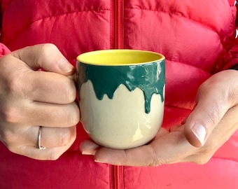 Taza pequeña de 150 ml para espresso o capuchino con efecto de goteo de esmalte, ¡hecha a mano en California!