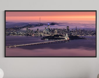 Fotografía de San Francisco con niebla y atardecer pastel: Impresión fotográfica panorámica de paisaje urbano, regalo para amantes de San Francisco, ¡sueño californiano! Opción de impresión en metal.