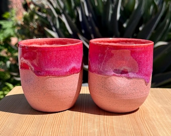 Vasos de porcelana rosa de 237 ml (8 oz), juego de dos. ¡Hechos a mano en California!