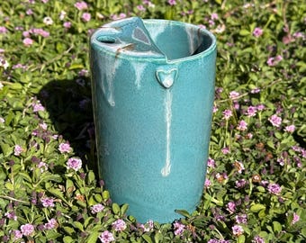 Taza de viaje de cerámica Ocean Hearts, 355 ml (12 oz), cabe en el portavasos del coche. ¡Hecha a mano en California!