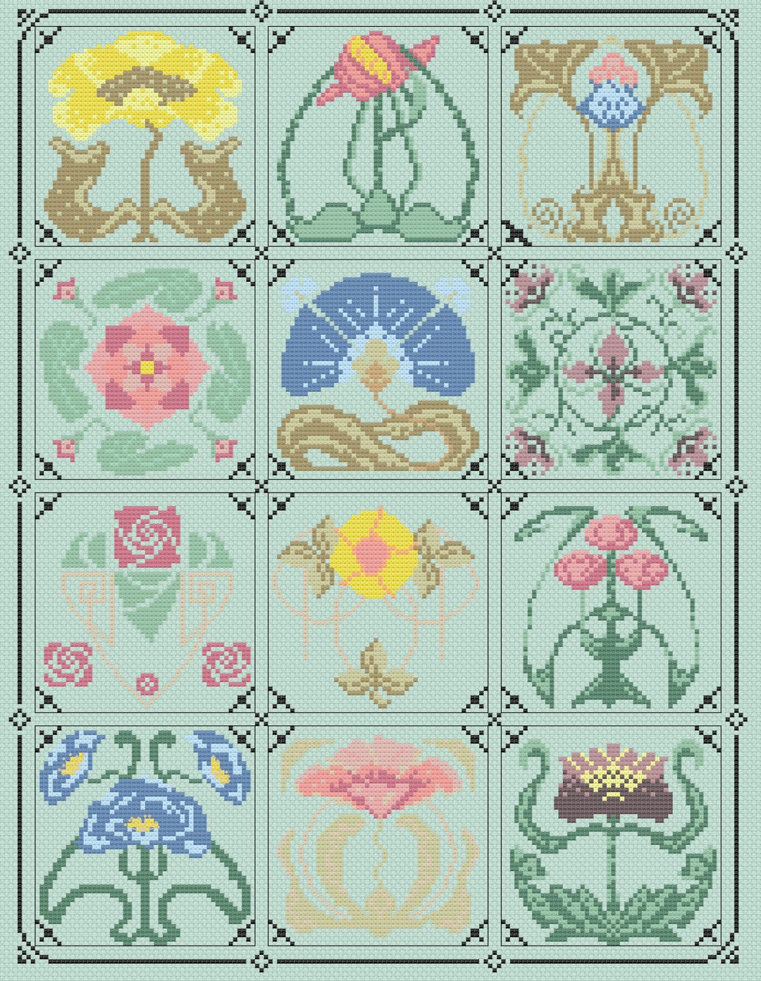 Tile Stitching Pattern Art Nouveau Tiles Sampler PDF Cross Stitch Pattern Digital Heartsong ...