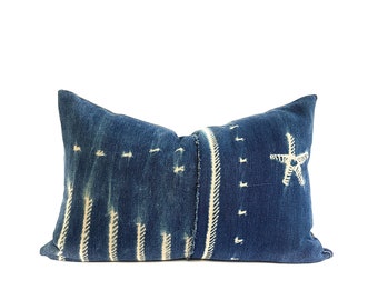 Batik Shibori Pillow in Navy Blue and White Large Scale Floral and Foliage with Herringbone Reverse Folbert Navy