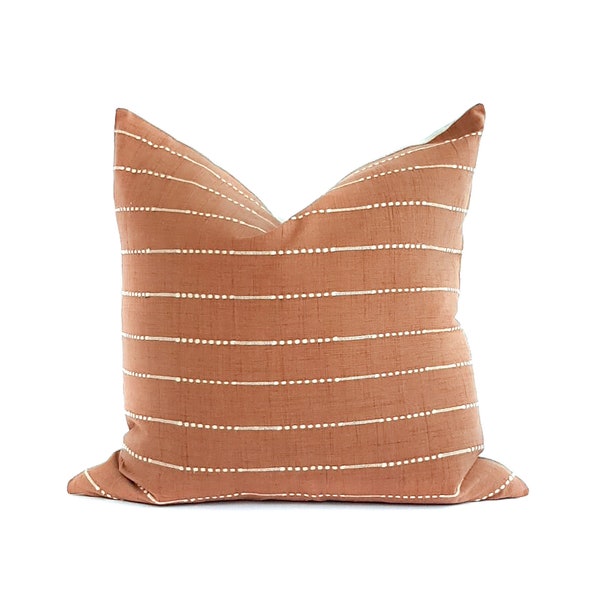 PIRJO rust terracotta white stitch striped 18x18 handwoven natural flax linen modern warm earthy pillow cover