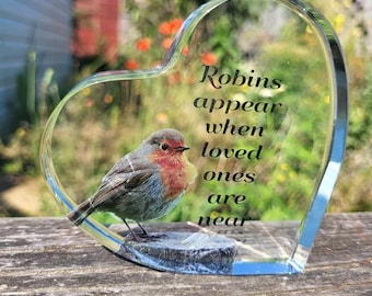 Memorial Glass Heart Freestanding " Robins appear when loved ones are near"