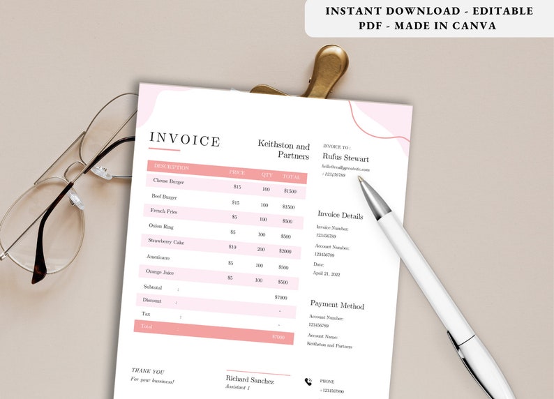 Modern Pink Bold Business Invoice Template | Editable Printable Invoice ...