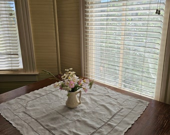 Vintage tablecloth, small square topper handmade embroidered floral white scallop cottagecore Victorian granny shabby chic country farmhouse