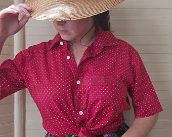 Vintage blouse, Blair medium red white polka dots button up front collar short sleeves pocket casual shirt 80s 90s women flirty retro pinup