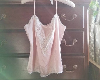 Sale Vintage Pink Camisole / Escapades / Cami Lingerie Top / Sexy Spaghetti Straps / Liquid Satin Cami / Small / White Lace