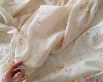 Sale Vintage sheet Bibb floral flat sheet full double polyester cotton cream pink muted colors shabby granny chic country farmhouse rose