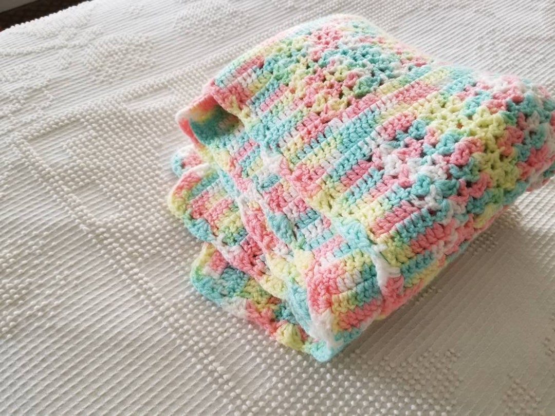 Sale Vintage Crochet Blanket Rainbow Colors Handmade Baby Blanket