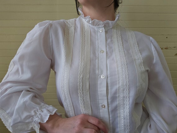 Vintage blouse, white button up front long sleeve… - image 1