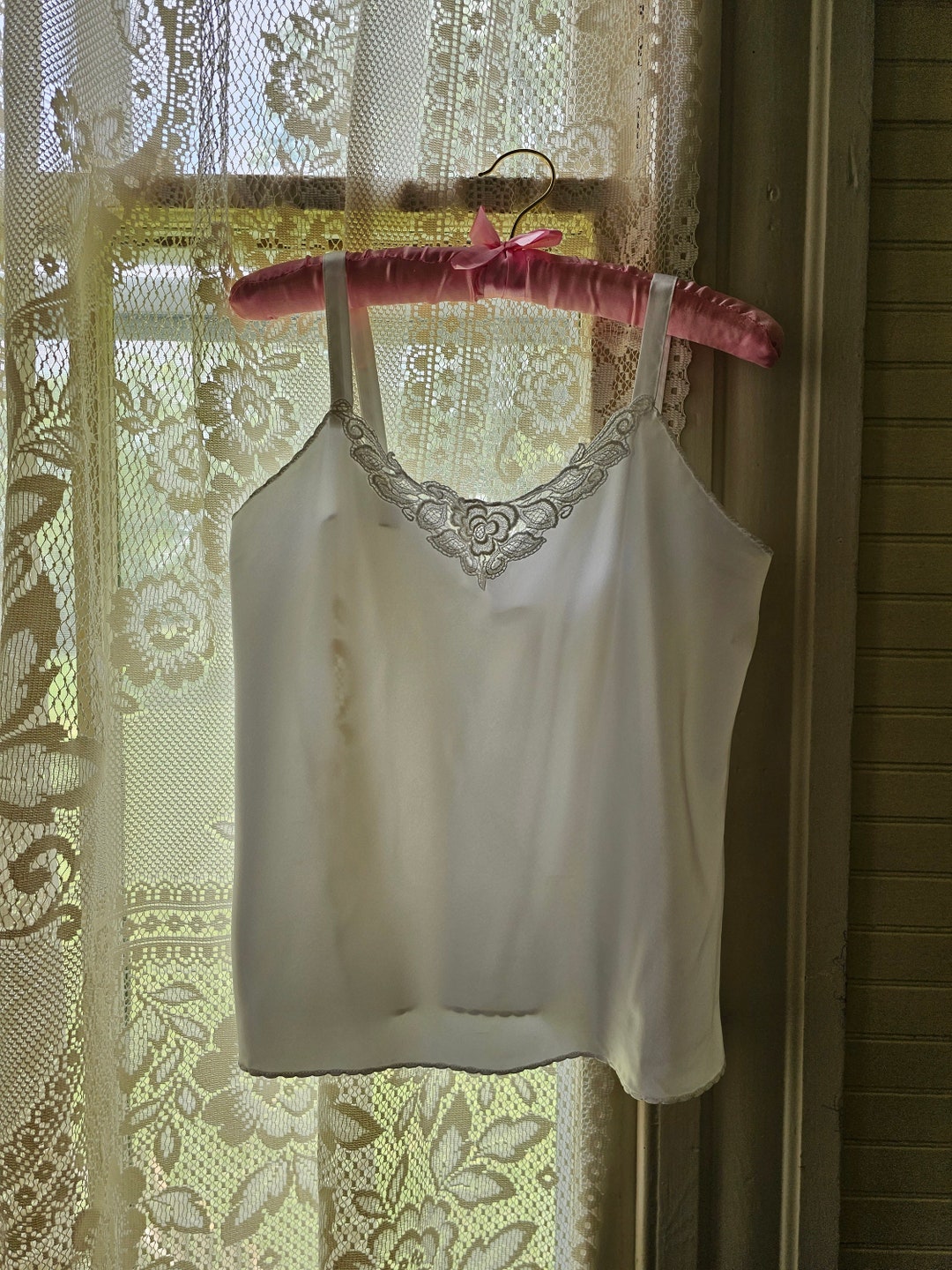 トップス nude vintage Camisole Vintage Olga Style# 925 Camisole Cami Lace Trim Straps Beige