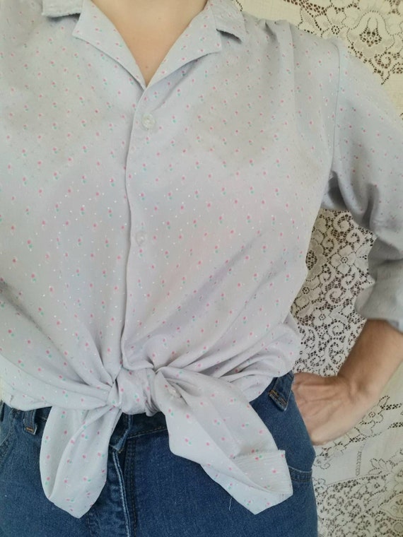 Sale Vintage Grey Blouse Long Sleeves 70s Button … - image 6