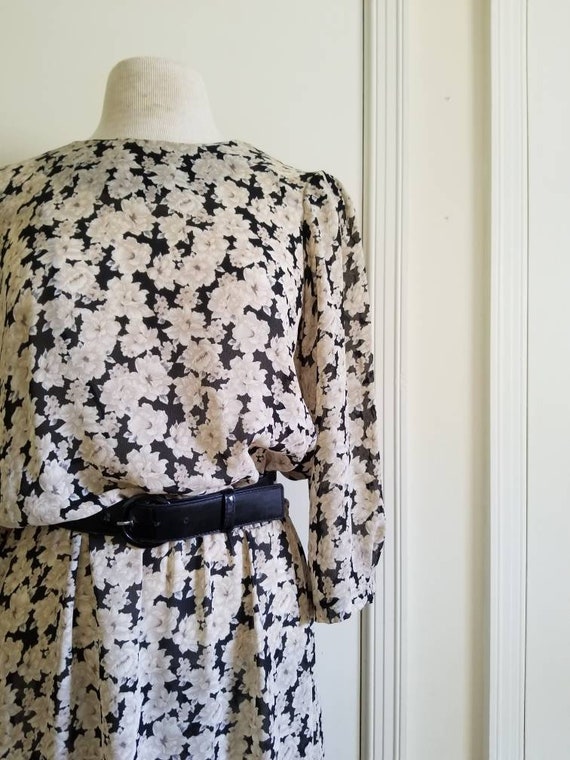 Sale Vintage Black Cream Floral Dress Amy Deb Size 14 Long Sleeves Midi  Below the Knee Flowy Dressy - Etsy